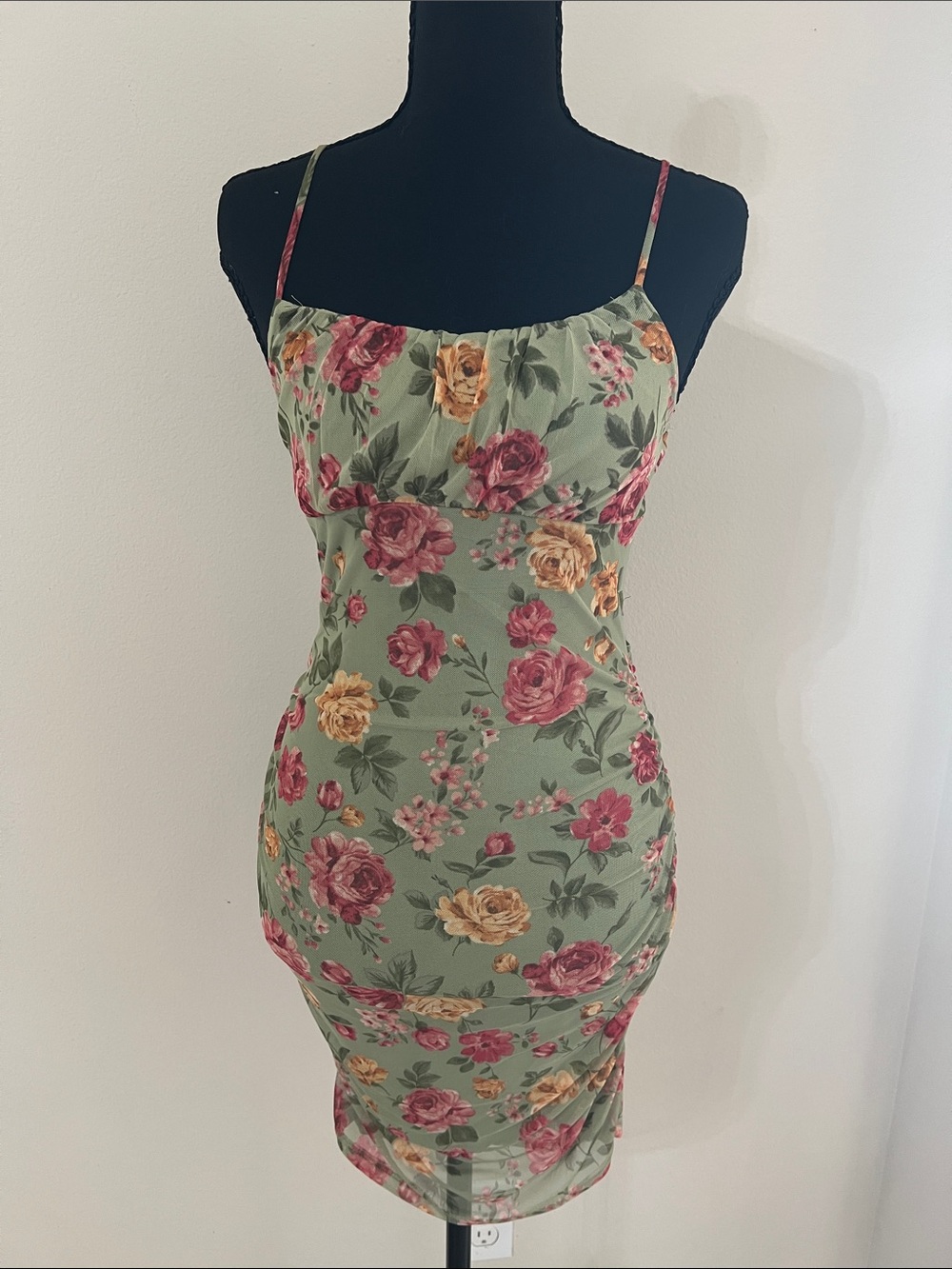 NWT Fashion Nova Floral Mesh Mini Dress S Green Rose Ruched Bodycon Cottagecore